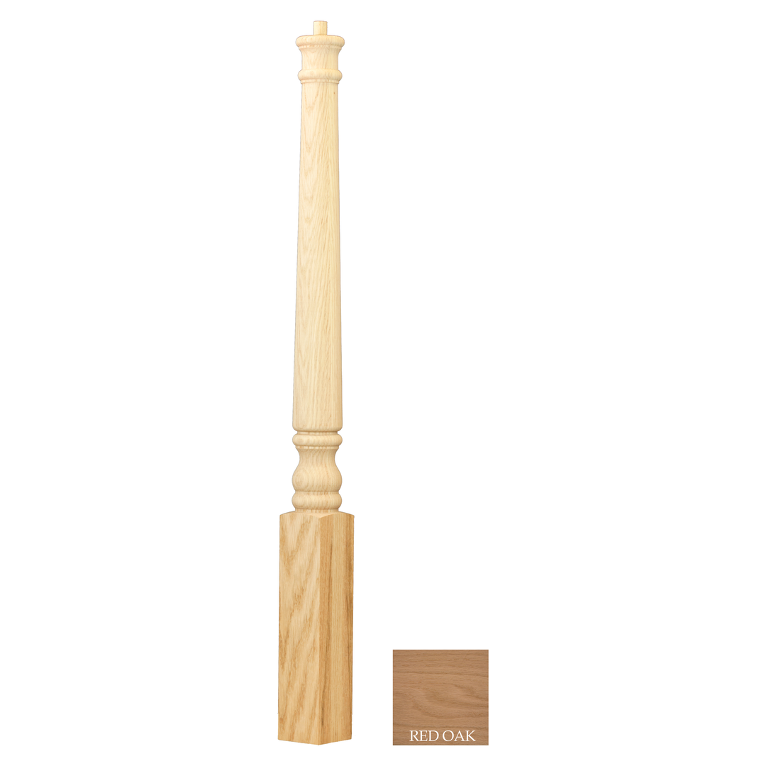 A traditional wooden newel post, 3 inches wide and 48 inches long, with a turned design, showing natural wood color.